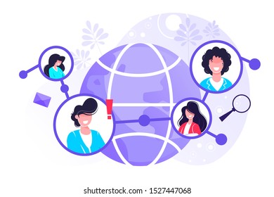 	
Social community vector illustration. Flat tiny linked persons group concept. Communication media platform for friends, family, contacts or business connection. International citizens identity membe