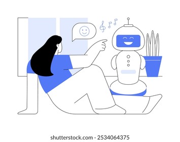 Robôs companheiros sociais isolaram ilustrações de vetor de desenhos animados. Menina sorridente com companheiro robótica, reduzindo a ansiedade e depressão, tecnologia moderna, desenho animado vetor amigo digital.