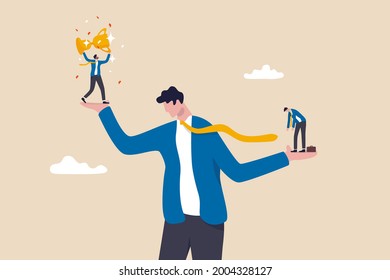 Social comparison anxiety, compare yourself to others, discourage of failure, loser or self motivation problem concept, sad depressed man stand on his hand compare himself with winning colleague.