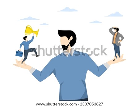 Social comparison anxiety, discouraged from failure, loser or self motivation problem concept, comparing yourself to others, man standing on his hands comparing other side to fellow winners.
