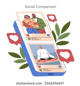 Social comparison concept on a digital platform, reflecting self-assessment through social media likes. Online presence influence and validation. Vector illustration.