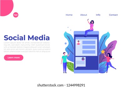 Social concept with characters. Landing page template. Flat style vector illustration.
