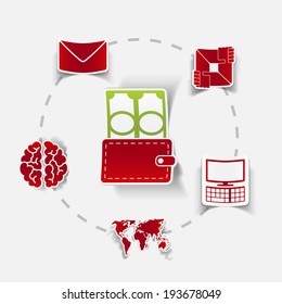 social concept: envelope, computer, brain, wallet, money, map, handshake