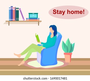  Concepto social ilustración plana. Leyendo a una chica con libro, autoaislamiento, cuarentena, quédense en casa. 