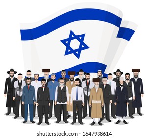 Social concept. Group adults and senior jewish people standing together in row in different traditional national clothes on background with Israel flag in flat style. Vector illustration.