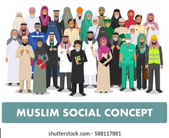 Social concept. Group muslim arabic people professions occupation standing together in different suit and traditional clothes on white background in flat style. Arab man and woman. Vector illustration