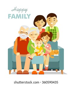 Social concept - happy family three generation together/ Grandfather, grandmother, son, daughter sitting on the sofa, mother and father standing