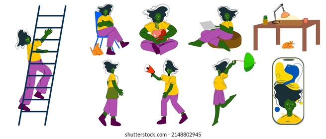 Social concept illustrations. A collection of scenes featuring women in business events. Trendy vector style.