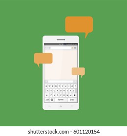Social concept, a new message and a chat on the Internet. Notifications about a new message in the smartphone with a keyboard. Flat vector illustration EPS 10