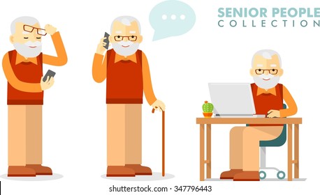 Social Concept - Old Man Using Computer And Mobile Phone. Set Of Senior Man With Smartphone And Laptop Networking