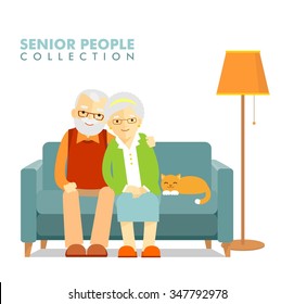 Social concept - old people couple. Happy senior man woman family sitting on the sofa and rest