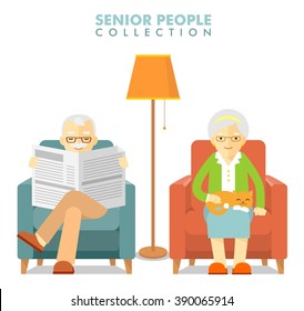 Social concept - old people couple. Happy senior man woman family sitting on the chair and rest with newspaper and cat