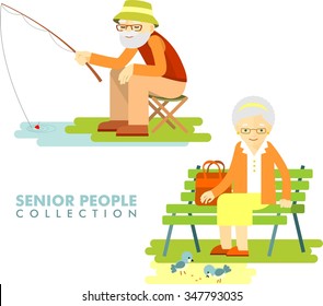 Social concept - old people hobby activity. Senior man fishing and senior woman sitting on the bench and rest