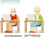 Social concept - old people using computer. Senior man and woman sitting and networking with laptops