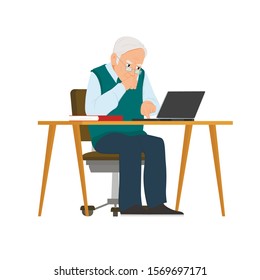 Social Concept - Old People Using Computer. An Elderly Person Works Or Studies At A Laptop. Vector Illustration Isolated On White Background.