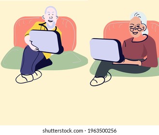 Social concept - old people using computer. an elderly person works or studies at a laptop. vector illustration isolated