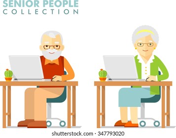 Social concept - old people using computer. Senior man and woman sitting and networking with laptops