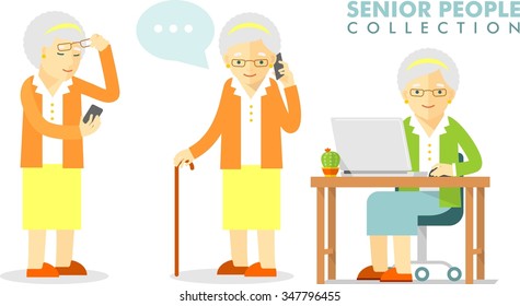 Social Concept - Old Woman Using Computer And Mobile Phone. Set Of Senior Woman With Smartphone And Laptop Networking