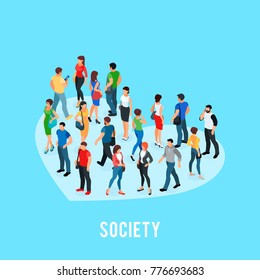 Social concept of public opinion. Isometric crowd of people standing on the Like in the form of heart. Vector illustration.