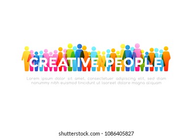 Social concept. Vector horizontal decoration element from colorful people icons and "creative people" fraze