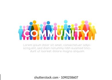 Social concept. Vector horizontal decoration element from colorful people icons and "community" word.