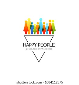 Social conceptual emblem with colorful people icons and triangle design element.