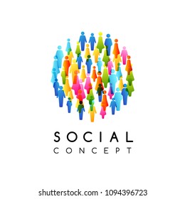 Social conceptual emblem. Vector illustration with round sign with colorful people silhouettes texture.