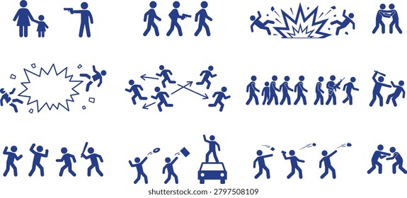 Social Conflict and Human Interaction Stick Figure Icon Collection with Protest Violence Communication and Community Activity Symbols for Graphic Design Projects