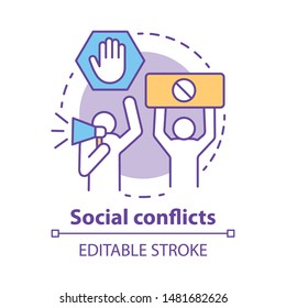 Social conflicts and disputes concept icon. Antisocial behaviour, violence and unrest idea thin line illustration. Riot, strike, civil protest. Vector isolated outline drawing. Editable stroke