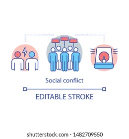 Social conflicts and disputes concept icon. Antisocial behavior and aggression idea thin line illustration. Human rights protection. Protest action, picket. Vector isolated drawing. Editable stroke