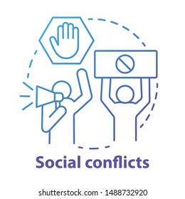 Social conflicts and disputes concept icon. Antisocial behaviour, violence and unrest idea thin line illustration. Riot, strike, civil protest. Vector isolated outline drawing