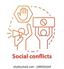 Social conflicts and disputes concept icon. Antisocial behaviour, violence and unrest idea thin line illustration. Riot, strike, civil protest. Vector isolated outline drawing