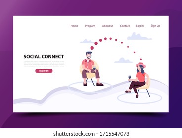 Social connect new normal concept man and woman sitting physical distancing. Flat character abstract people Health care and medical digital media landing page.
