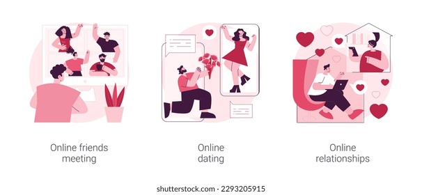 Social connection abstract concept vector illustration set. Online friends meeting, dating and relationships, video call, zoom conference, social distancing, leisure time, meeting abstract metaphor.