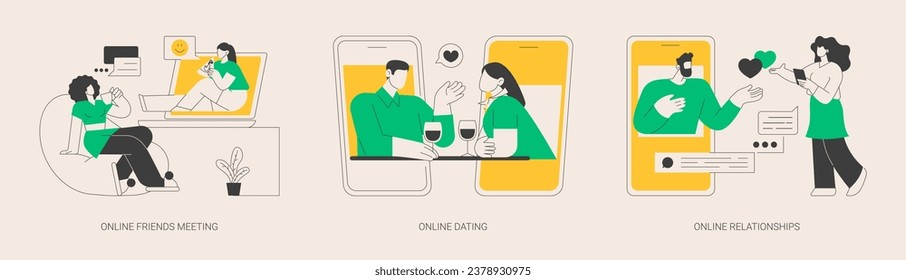 Social connection abstract concept vector illustration set. Online friends meeting, dating and relationships, video call, zoom conference, social distancing, leisure time, meeting abstract metaphor.