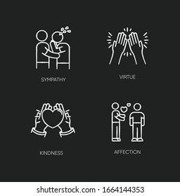 Social connection chalk white icons set on black background. Interpersonal relationship, friendship. Sympathy, virtue, kindness and affection. Isolated vector chalkboard illustrations