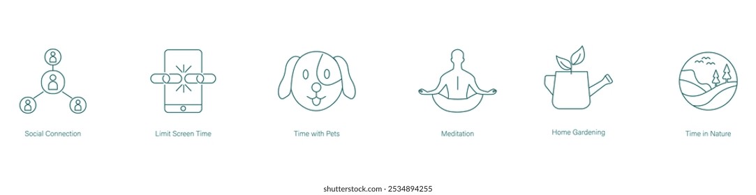 Social Connection, Limited Screen Time, Time with Pets, Meditation, Home Gardening, Time in Nature Vector Icon Set