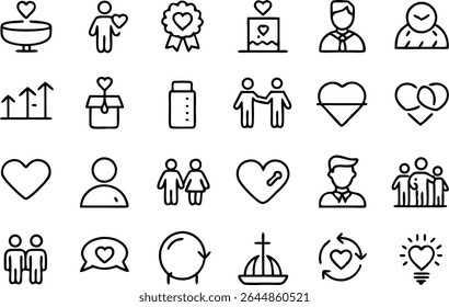 Social connection and relationship themed outline icons for apps sites and digital materials focusing on friendship emotional bonds and human interaction design