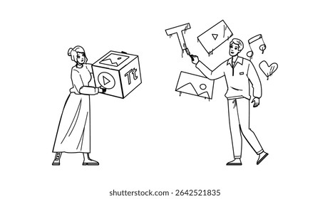 social content marketing vector. manage inbound, story digital, network communication social content marketing character. people black line pencil drawing illustration