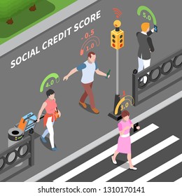 Social credit score system isometric composition with outdoor street scenery and people with digital rating pictograms vector illustration