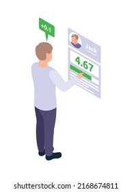Social credit score system isometric composition with human characters rating pictograms and profile vector illustration