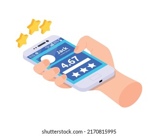 Social credit score system isometric composition with human characters rating pictograms and profile vector illustration