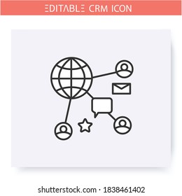 Social CRM line ion. Customers interaction through social media platforms. Automating workflow processes.Customer relationship management. Isolated vector illustration. Editable stroke
