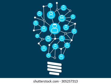 Social crowd sourcing and ideation. Swarm intelligence by the social community of a business or company. Vector illustration of light bulb for creativity.