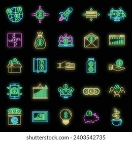 Social crowdfunding platform icons set. Outline set of social crowdfunding platform vector icons neon color on black