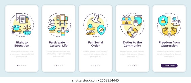 Social culture rights onboarding mobile app screen. Walkthrough 5 steps editable graphic instructions with linear concepts. UI, UX, GUI template