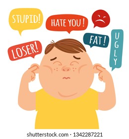 Social And Cyber Bullying Concept. Vector Illustration About Hate Messages, Body Shaming, Fat Shaming, Racism At School. 