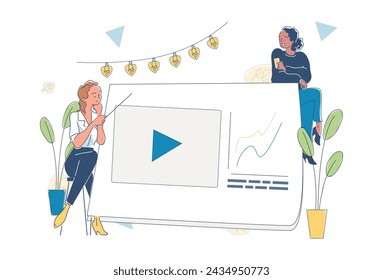 Social data influencer simple. Women with post in social networks. SEO and SMM specialists with video and graphs. User behavior analysis. Doodle flat vector illustraton isolated on white background