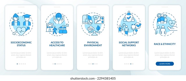 Social determinants of health blue onboarding mobile app screen. Walkthrough 5 steps editable graphic instructions with linear concepts. UI, UX, GUI template. Myriad Pro-Bold, Regular fonts used