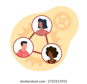 Social development. Competence of social skills, talking to friends on network, collaboration and communication people, structured team system, vector cartoon flat style isolated teamwork concept